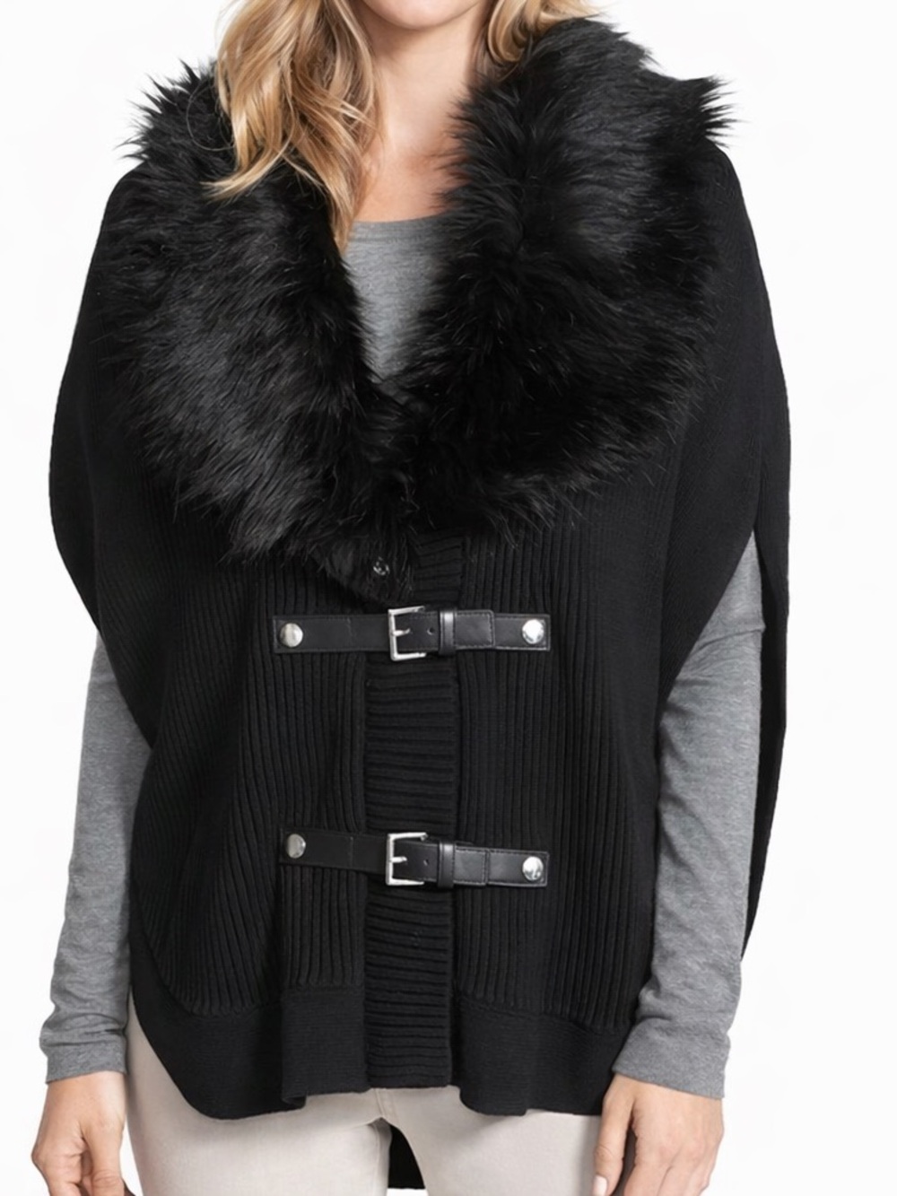 Michael Kors Faux Fur Collard Buckled Poncho Vest Medium